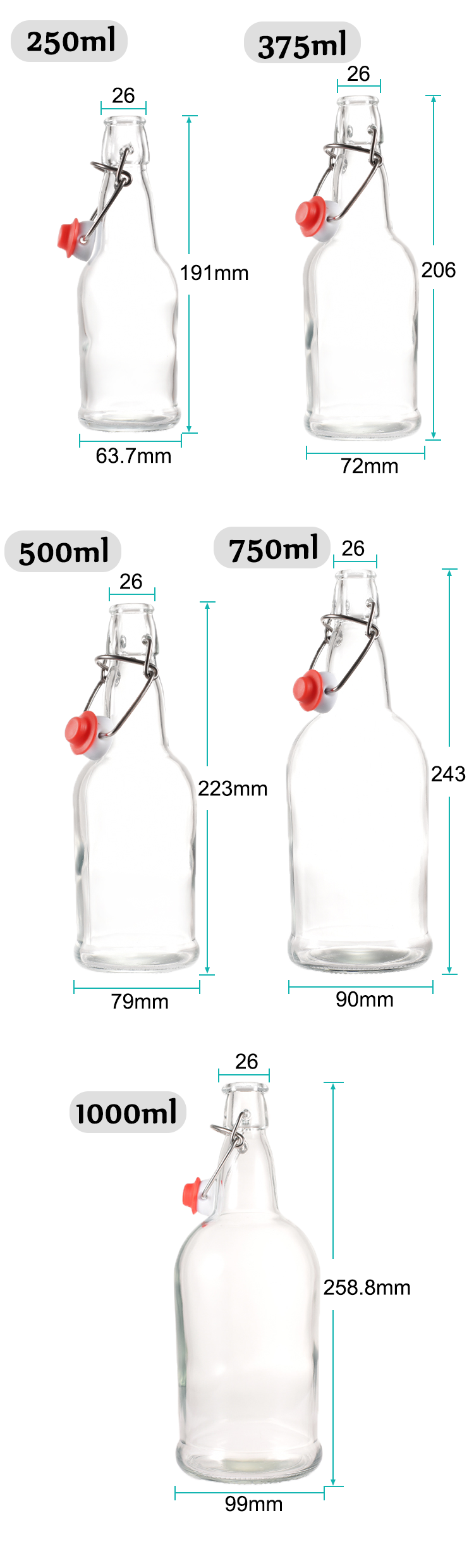 500ml 1000ml round empty flint glass liquor wine gin Whisky Vodka tequila glass bottle with airtight lid