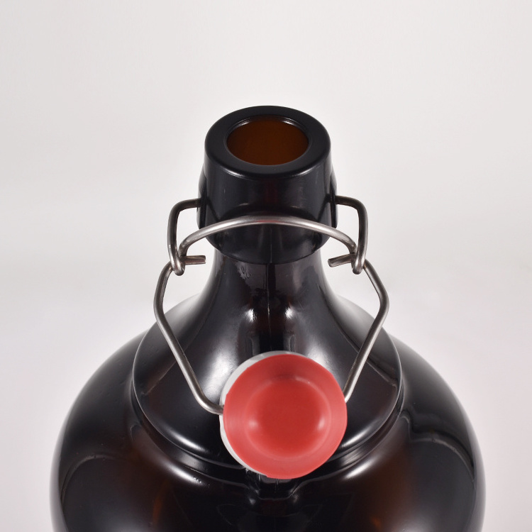 Large 1000ml 2000ml 64oz 32oz amber glass bottle amber glass wine beer growler with swing top cap and handle