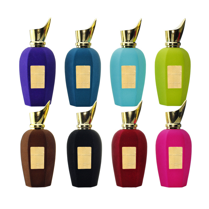 In stock 50ml crimp spray colorful flocking velvet  glass perfume bottles 50ml 100ml with gift box