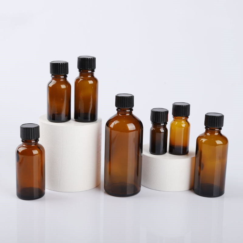 Amber Glass Bottles with Black Poly Cone Cap for Potion Juice Ginger Shots Oils Whiskey Liquids 50ml-200ml