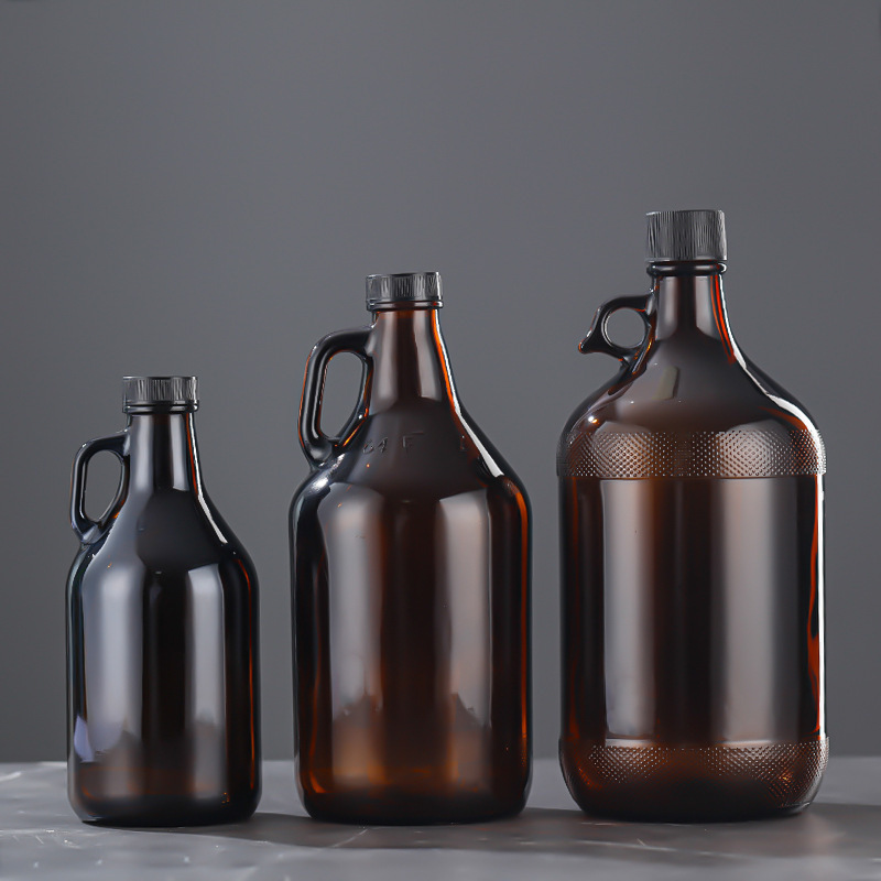 China Supplier 4L 1Gallon Amber/Brown Glass Growler Red Wine Jugs Glass Beer Jug Glass Bottle With Handle