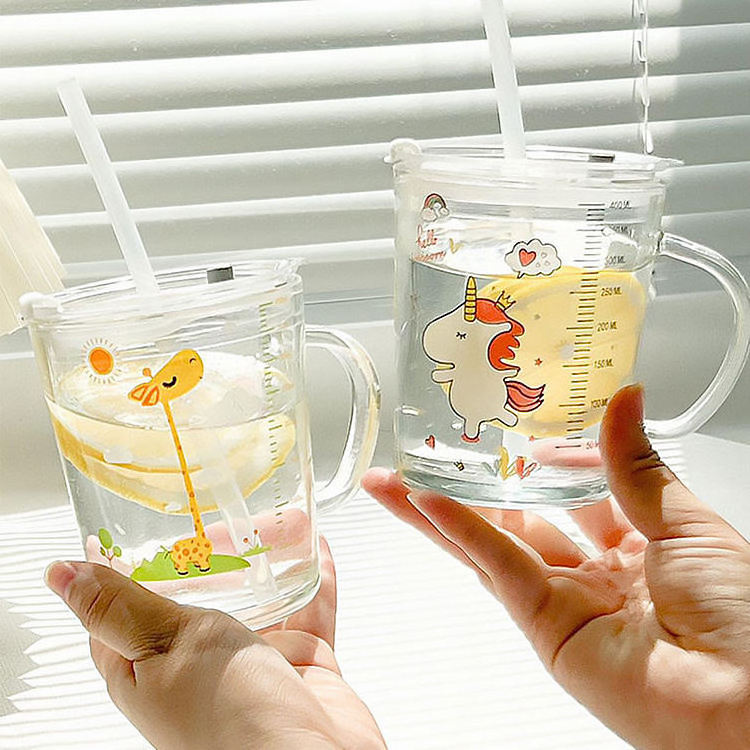 Children's Glass Measuring Baby Drink Cup Cartoon Cute Mugs Milk Water Kids Cups with Lids and Straws