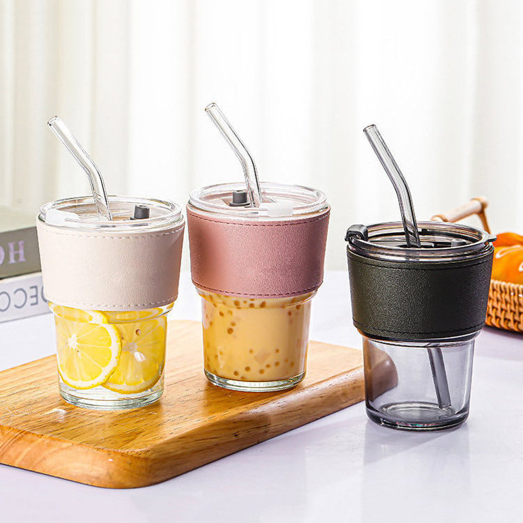 Wholesale Outdoor Water Boba Tea Drink Tumbler Reusable Glass Coffee Cup with Straw and Lid