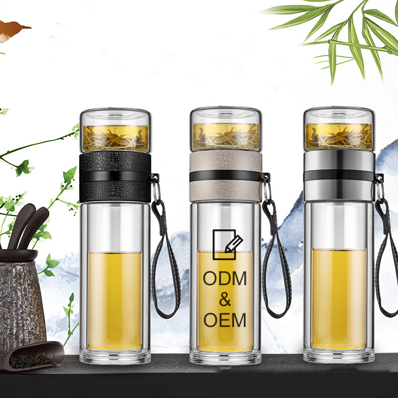 JM LFGB Customized OEM Design Double Wall Glass Tritan Stainless Steel Infuser Tea Cup Festivals Glass Water Bottle With Infuser