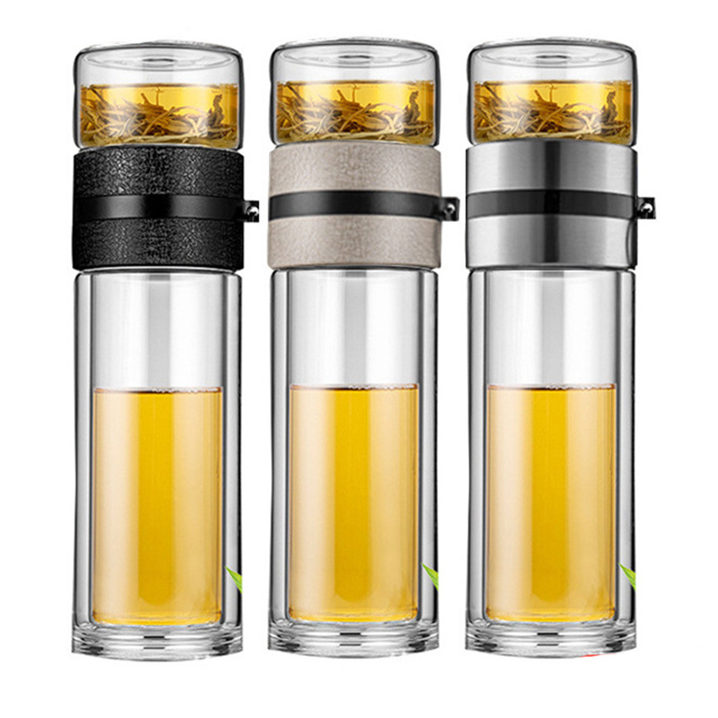 JM LFGB Customized OEM Design Double Wall Glass Tritan Stainless Steel Infuser Tea Cup Festivals Glass Water Bottle With Infuser