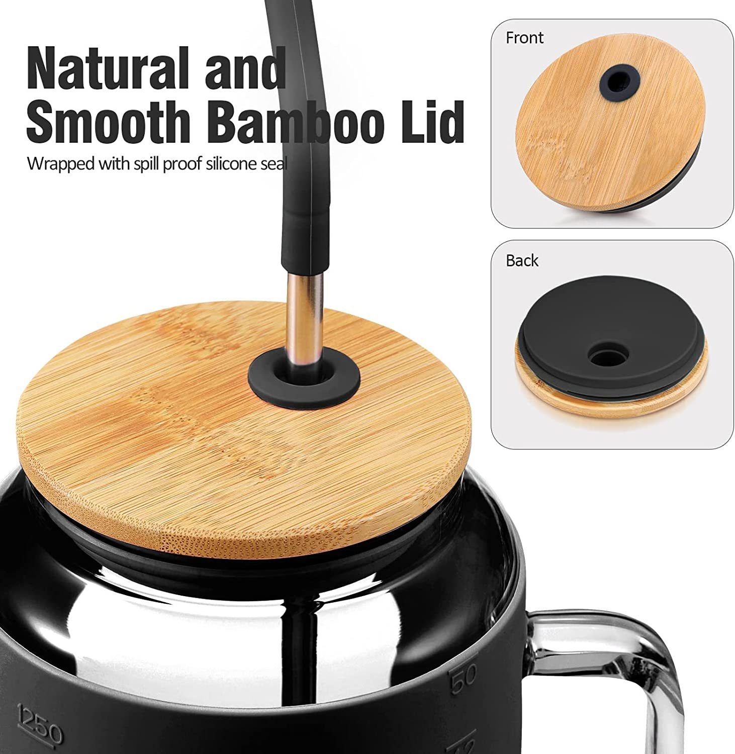 JM Free Sample Wide Mouth Iced Coffee Bamboo Lid and Straw Boba Smoothie Tumbler Glass Bubble Tea Cup