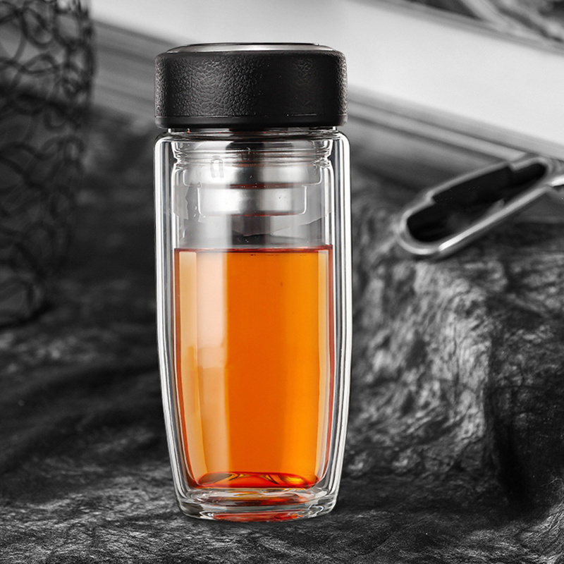 JM Food Grade Infuser Double Walled Borosilicate Glass Bottle with Felt Sleeve Tea Water Bottle for Loose Tea Leak Proof Travel