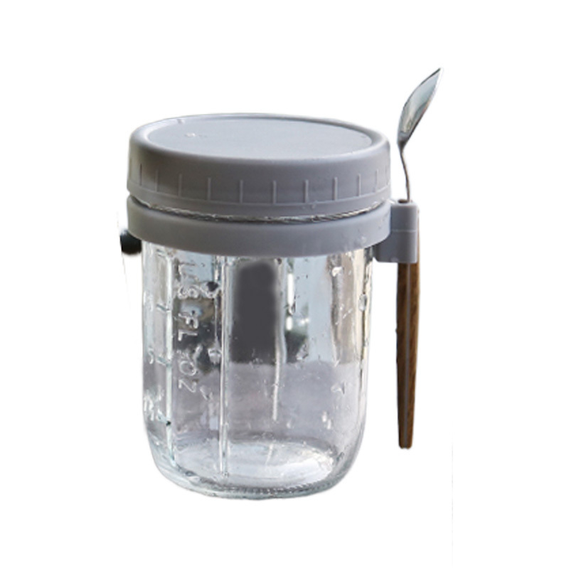 JM 350ml Glass Measurement Marks Mason Jar Overnight Oats Jars with Lid and Spoon Hot Sales Glass Overnight Oats Container