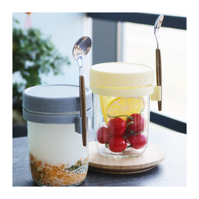 JM 350ml Glass Measurement Marks Mason Jar Overnight Oats Jars with Lid and Spoon Hot Sales Glass Overnight Oats Container