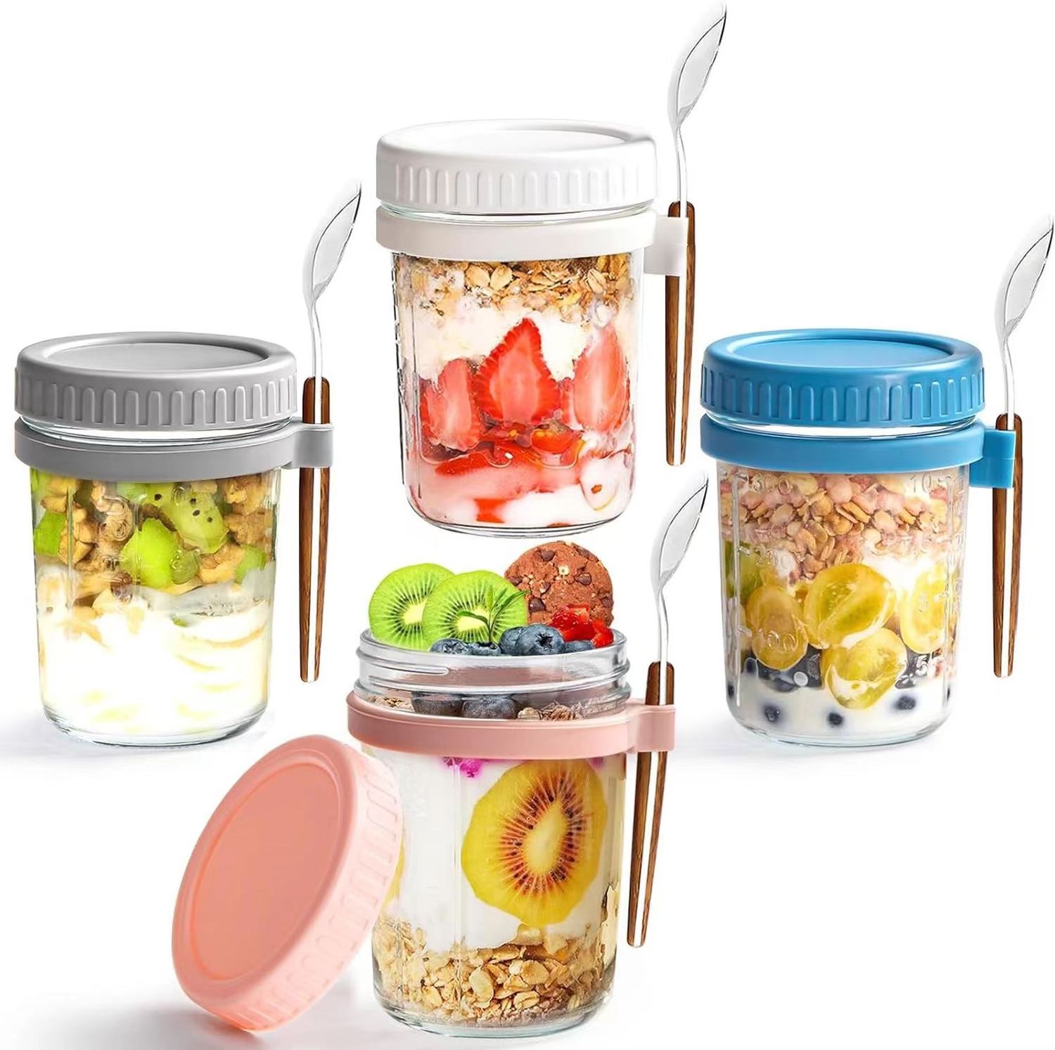 JM 350ml Glass Measurement Marks Mason Jar Overnight Oats Jars with Lid and Spoon Hot Sales Glass Overnight Oats Container