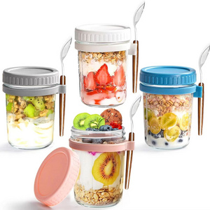 JM 350ml Glass Measurement Marks Mason Jar Overnight Oats Jars with Lid and Spoon Hot Sales Glass Overnight Oats Container