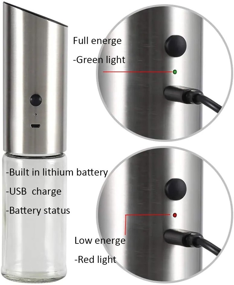 Rechargeable USB Ceramic Burr manual Spice Mill Gravity Electric Salt and Pepper Grinder with LED light