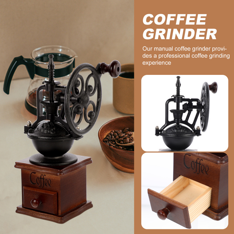 Vintage Style Portable Wooden Hand Coffee Mill Hand Crank with Drawer Ferris Wheel Coffee Grinder, Manual Coffee Bean Grinder