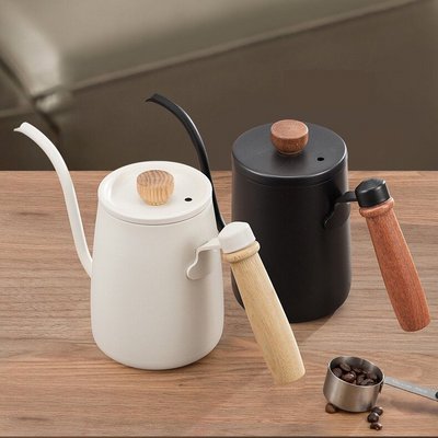 Black and White Coffee Maker Camping Stainless Steel kettle with Wooden Handle Drip Gooseneck Pour Over Coffee Pot 600ml