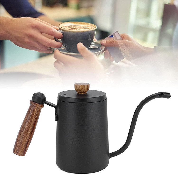 600ml Wood Handle Gooseneck Drip Kettle Swan Neck Thin Mouth Drip Kettle Stainless Steel Coffee and Tea Pot