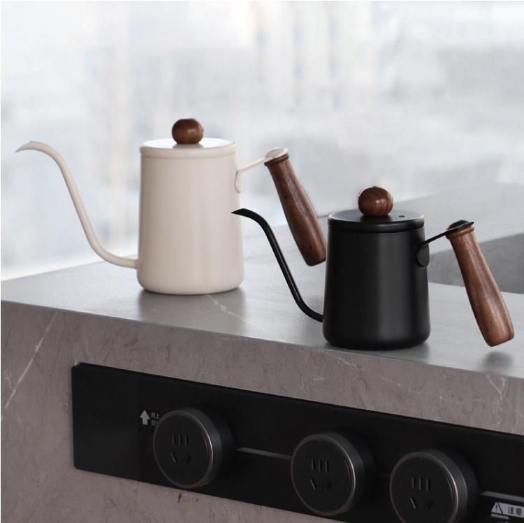 600ml Wood Handle Gooseneck Drip Kettle Swan Neck Thin Mouth Drip Kettle Stainless Steel Coffee and Tea Pot