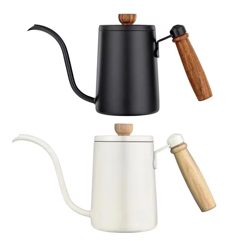 Black and White Coffee Maker Camping Stainless Steel kettle with Wooden Handle Drip Gooseneck Pour Over Coffee Pot 600ml