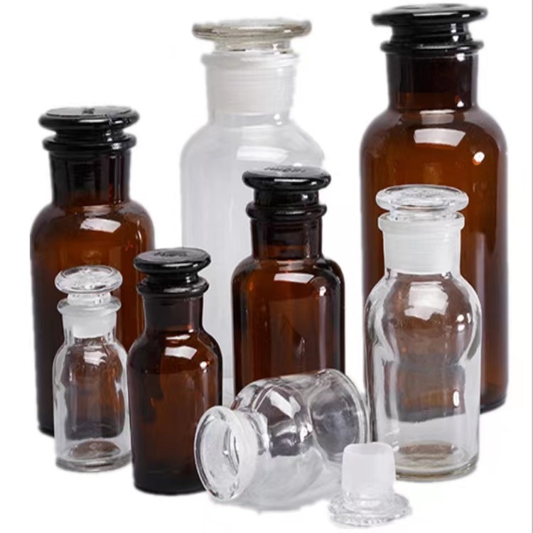 Large Capacity Chemical Laboratory Wide Mouth Modern Amber Clear Glass Bottle with Glass Cork