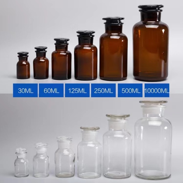 Large Capacity Chemical Laboratory Wide Mouth Modern Amber Clear Glass Bottle with Glass Cork