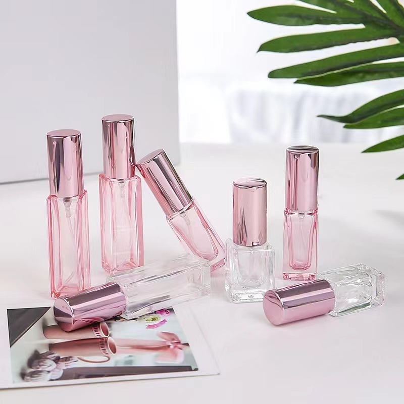 10ml 20ml 30ml  Custom Rose pink rectangle glass perfume bottle Pink  bodyworks perfume with pink head