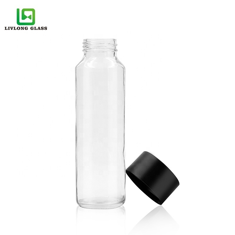 Empty transparent round 12 oz 350ml high flint juice drink beverage mineral water voss glass bottle with screw plastic black lid