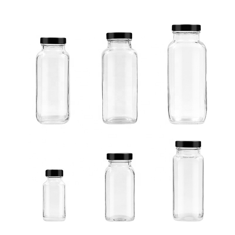 2oz 6oz 8oz 10 oz 12oz 16 oz 500ml clear french square beverage glass bottle Smoothies coffee cold press juice bottles with lids