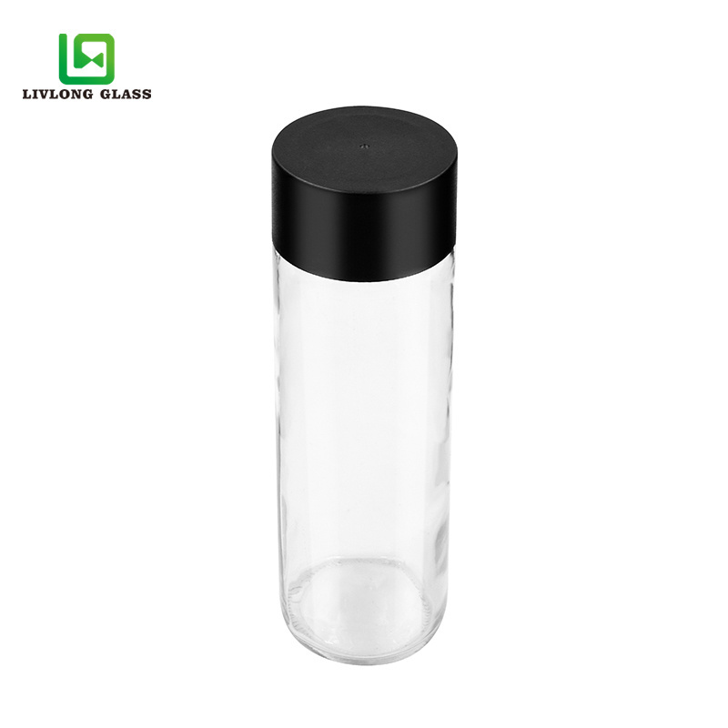 Empty transparent round 12 oz 350ml high flint juice drink beverage mineral water voss glass bottle with screw plastic black lid