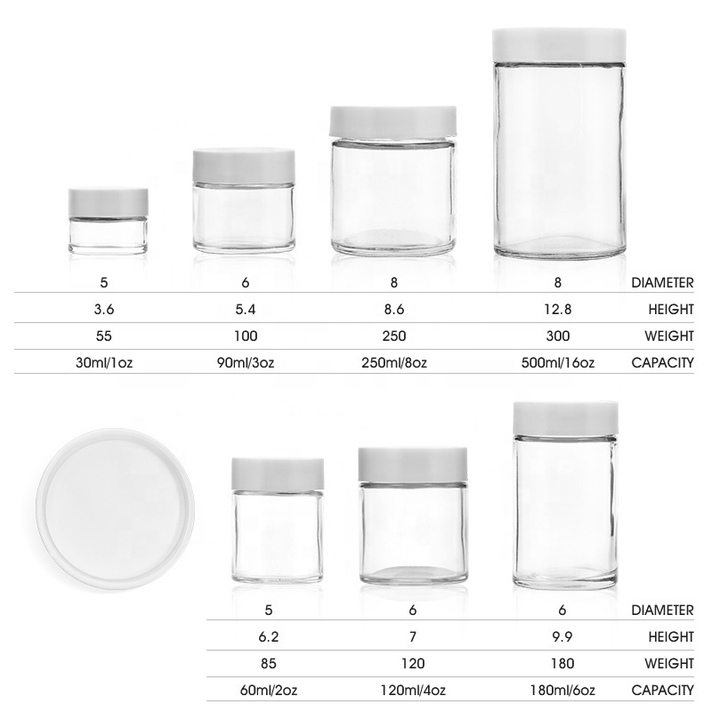 1 oz 2 oz 3 oz 4 oz 6 oz 8 oz 16 oz clear round leaf flower child proof glass jars with matte child resistant lids caps