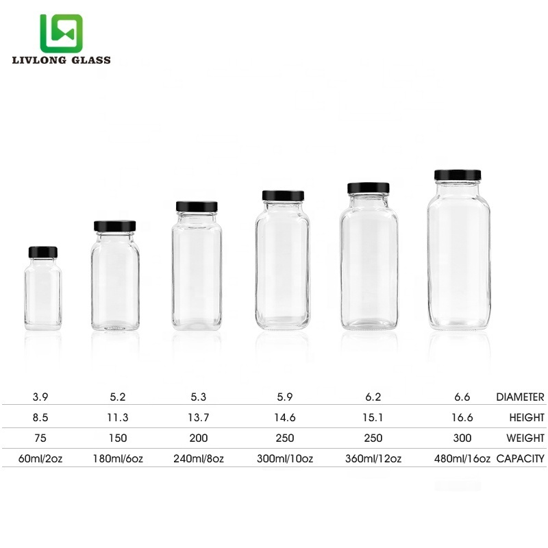 2oz 6oz 8oz 10 oz 12oz 16 oz 500ml clear french square beverage glass bottle Smoothies coffee cold press juice bottles with lids