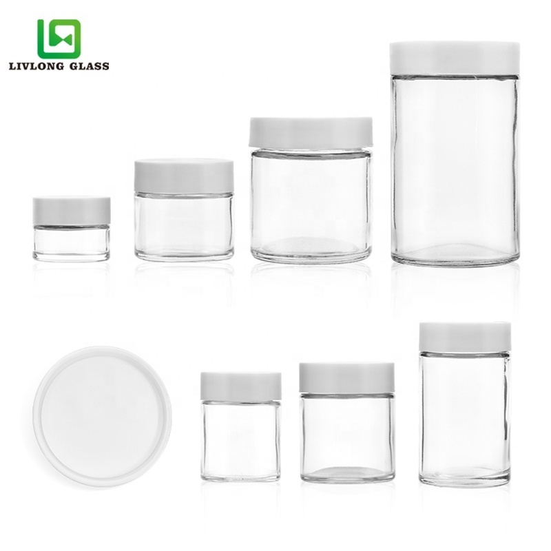 1 oz 2 oz 3 oz 4 oz 6 oz 8 oz 16 oz clear round leaf flower child proof glass jars with matte child resistant lids caps