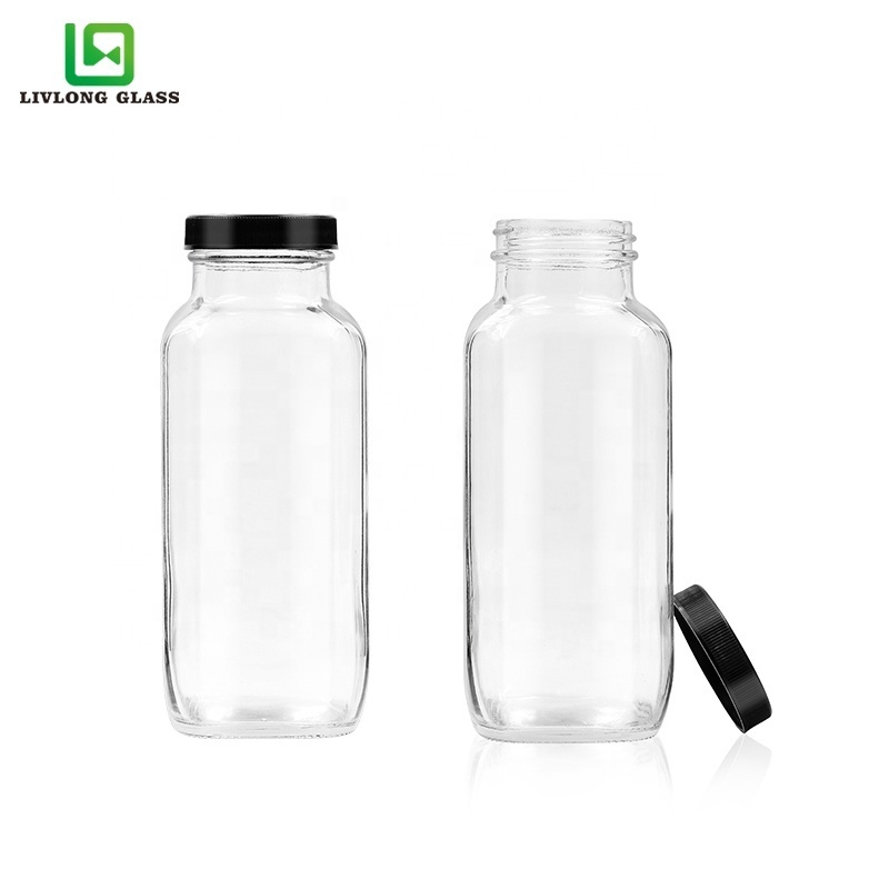 2oz 6oz 8oz 10 oz 12oz 16 oz 500ml clear french square beverage glass bottle Smoothies coffee cold press juice bottles with lids