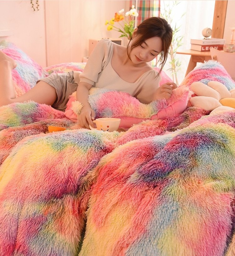 Rainbow Color Faux Fur Velvet Fluffy Plush Soft Bedding Bed Warm For Girl Sheet Set 4 Pieces christmas bedding