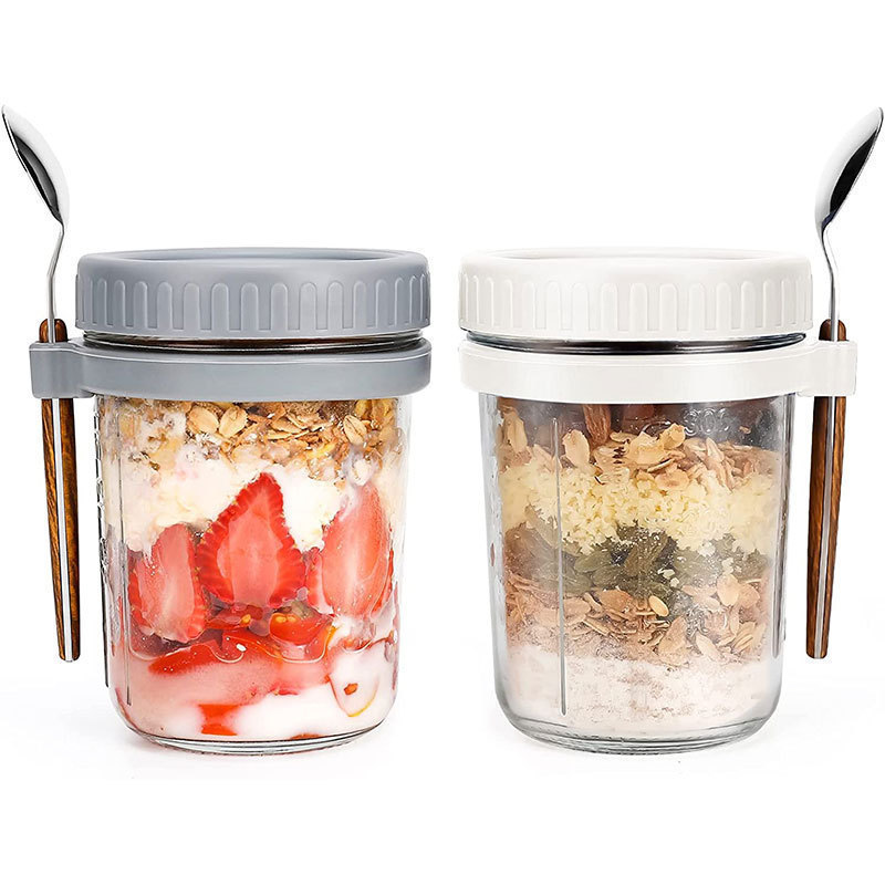 Overnight Oats Jars with Spoon and Lid 10 oz , Airtight Oatmeal Container with Measurement Marks, Mason Jars with Lid for Cereal