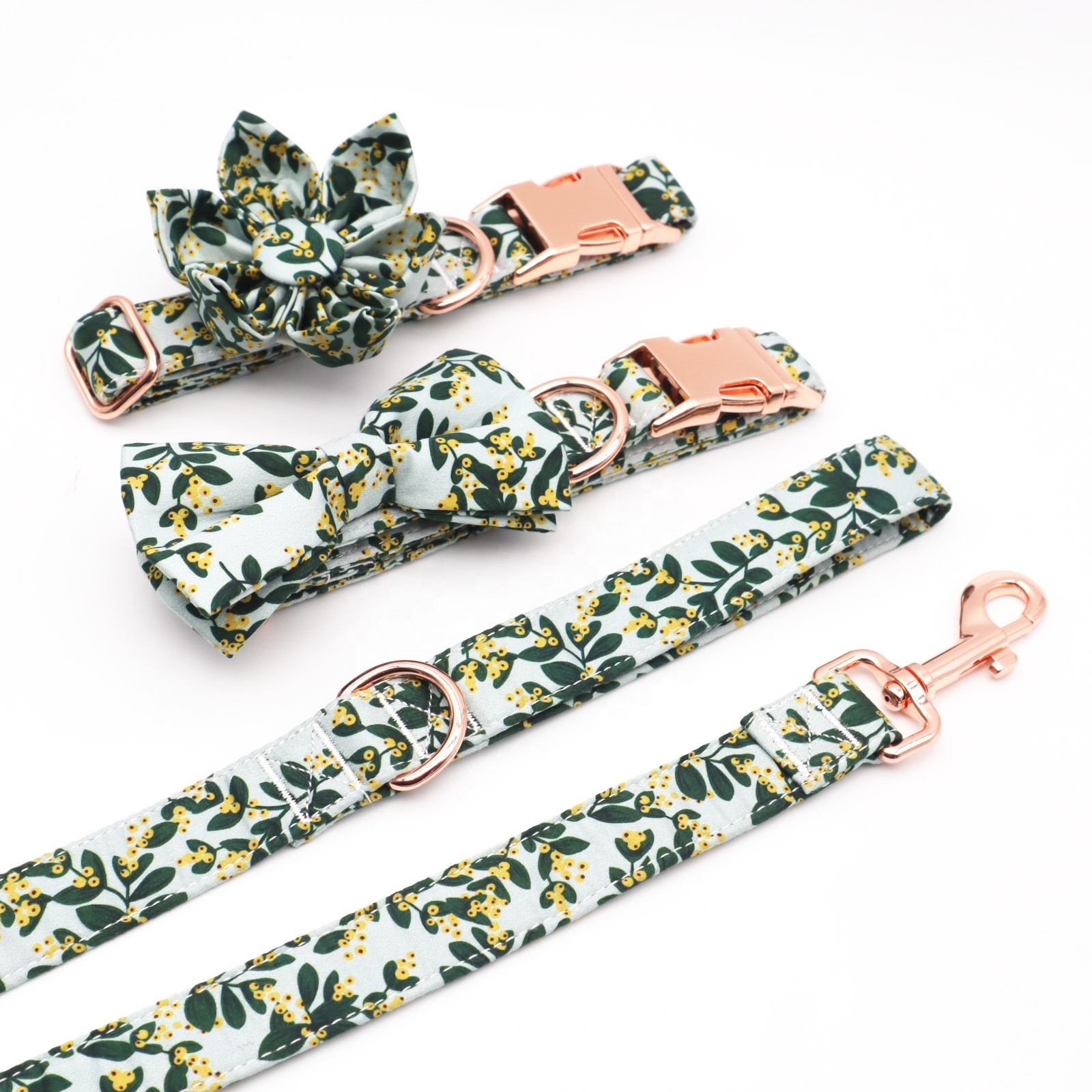 Blue Floral Pet Supplier Wholesale Eco Custom High Quality Dog Collar Leash Dog Collar Bow