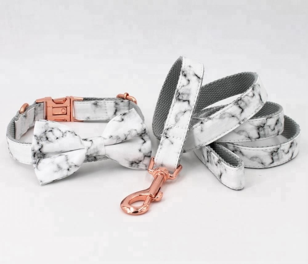 Marble Pattern Dog Bow Collar with Rose Gold Buckle ,Matching Leashing Available