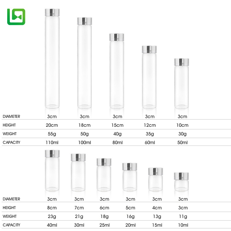 Diameter30mm  10ml 15ml 20ml 25ml 30ml 40ml 50ml 60ml 80ml 100ml 110mlsmall  glass tube with sliver metal cap