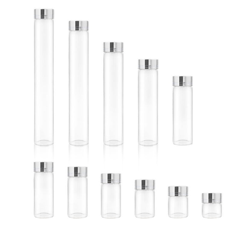 Diameter30mm  10ml 15ml 20ml 25ml 30ml 40ml 50ml 60ml 80ml 100ml 110mlsmall  glass tube with sliver metal cap