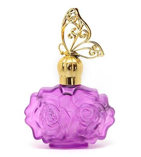 Luxury 50ml unique perfume empty yellow red pink flower glass bottle with golden red pink butterfly cap