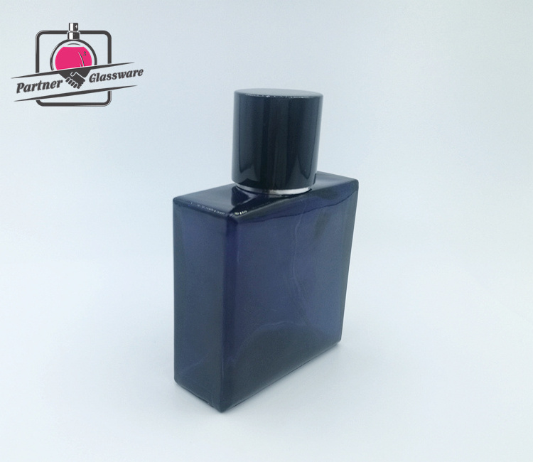 60ml High quality new design empty perfume square dark blue glass bottles with black cap