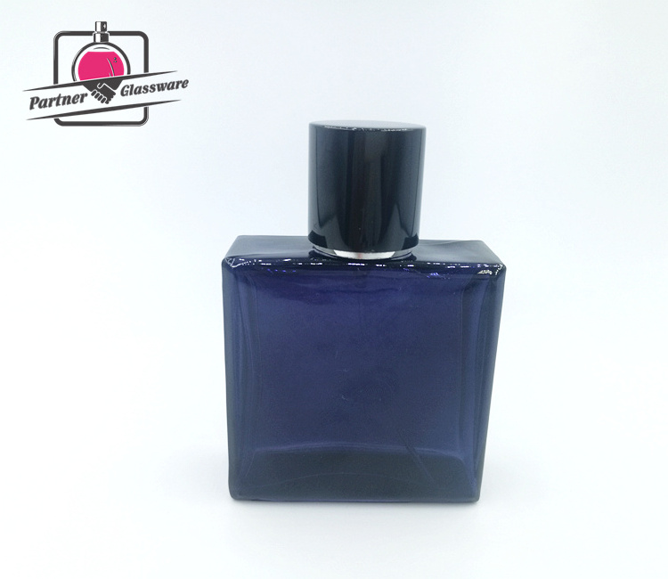 60ml High quality new design empty perfume square dark blue glass bottles with black cap