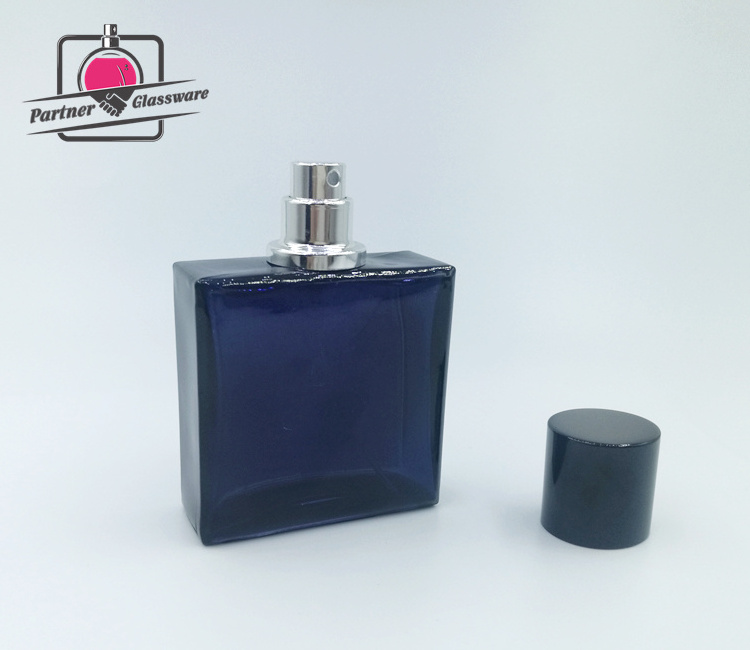 60ml High quality new design empty perfume square dark blue glass bottles with black cap