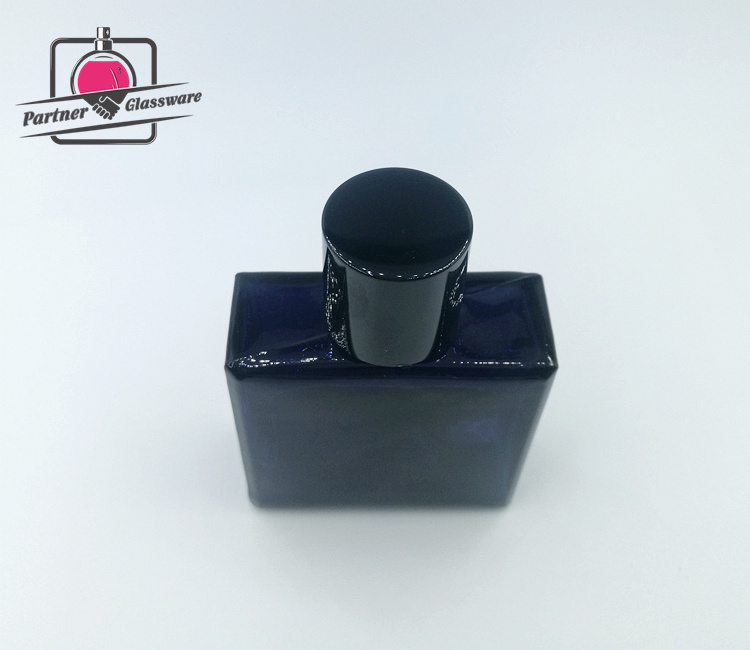 60ml High quality new design empty perfume square dark blue glass bottles with black cap