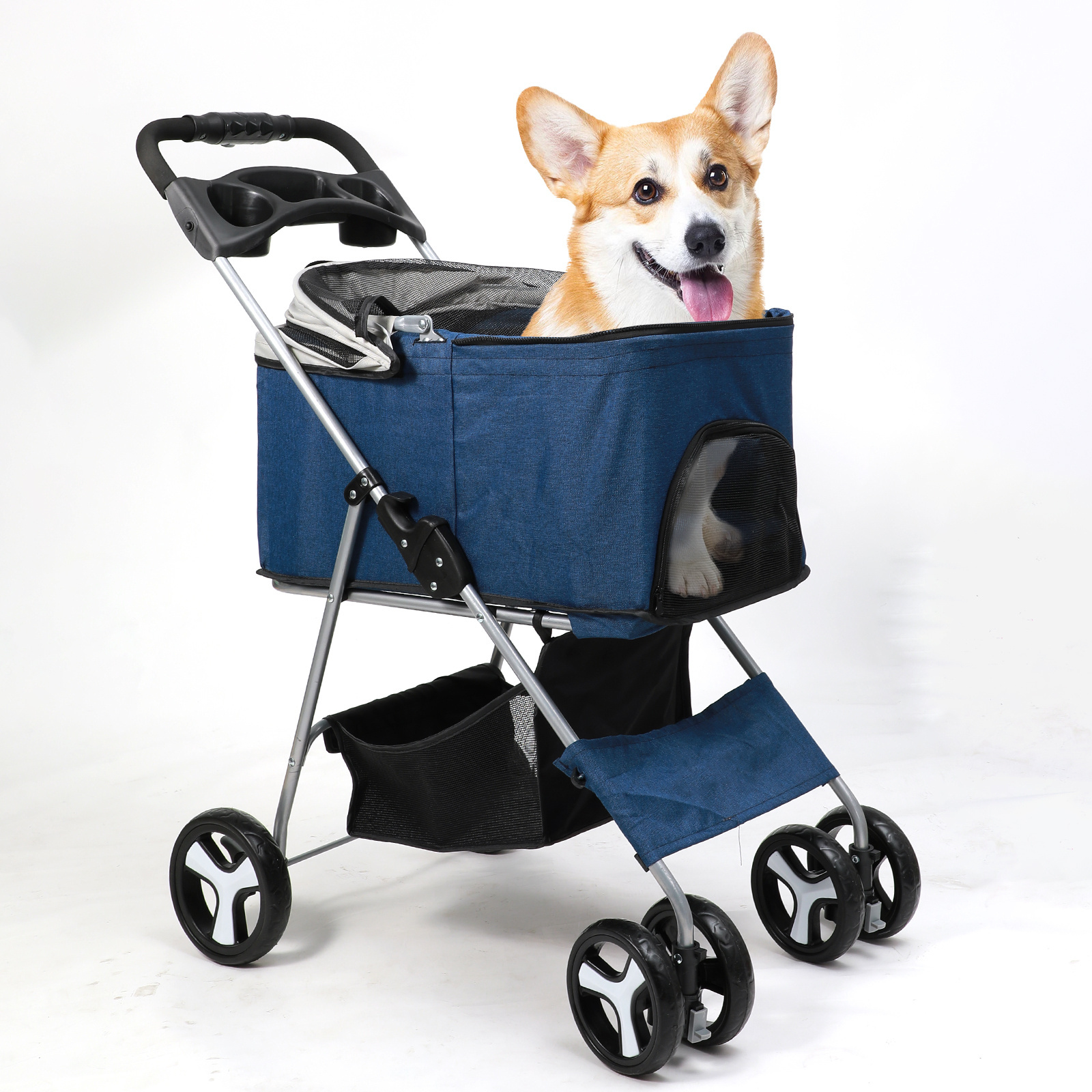 Great Quality  Folding Mobility Dog Stroller Cart 4 Wheels Oxford Fabric and Storage Basket