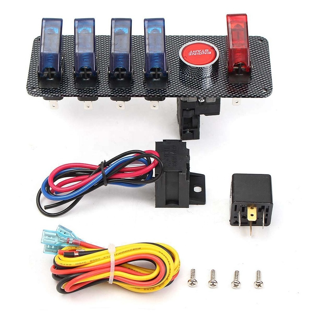 12V Switch Panel Black Powder Coat 4 Blue Switch 1 RED Switch Push Start  LED Toggle Button Panel