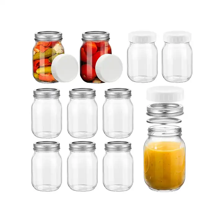 Food Container Empty Clear Wide Mouth16oz 500ml Becerage Oats Jam Airtight Sealed Glass Mason Jars With Plastic Metal Lids