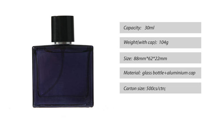 Wholesale Glass Perfume Bottles 1oz 30ml Custom Square Dark Blue Glass Parfum Spray Bottle with Cap