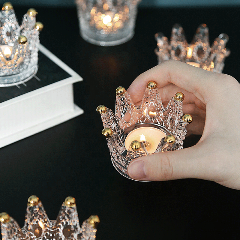 High quality luxury crown shape gold glass candle jar clear holder for candles