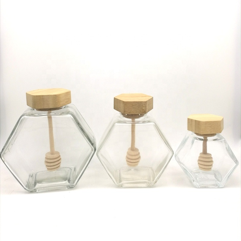 100ml 220ml  modern style hexagonal custom glass honey bottle pot jar with wooden bamboo lid