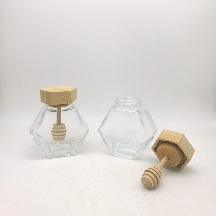 100ml 220ml  modern style hexagonal custom glass honey bottle pot jar with wooden bamboo lid