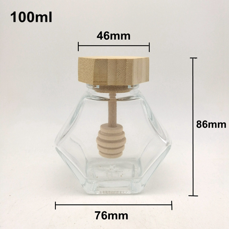 100ml 220ml  modern style hexagonal custom glass honey bottle pot jar with wooden bamboo lid